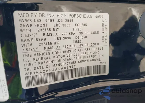 2010 Porsche Cayenne from USA, damaged, VIN WP1AA2AP4ALA03992